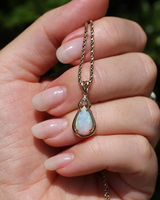 Pear Crystal Opal and Diamond Pendant, 10ct Yellow Gold, 1.5g