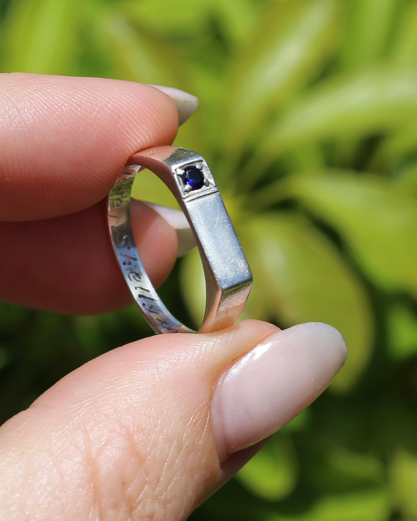 Narrow Silver Signet Ring with Sapphire, Sterling Silver, size 10.5 or V, 3.9g