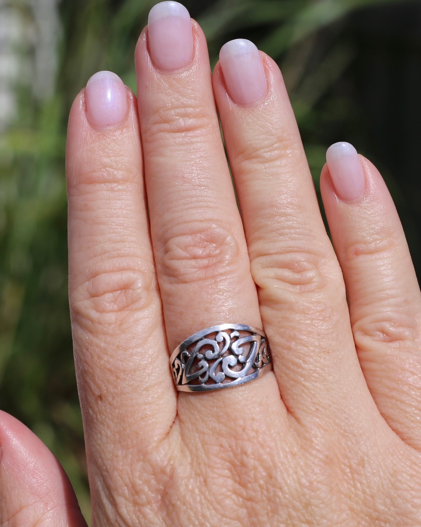 Hand Carved Flat Swirl J Ring, Sterling Silver, size R or 8.5 - fits more like a Q1/2 due to width, 3.78g