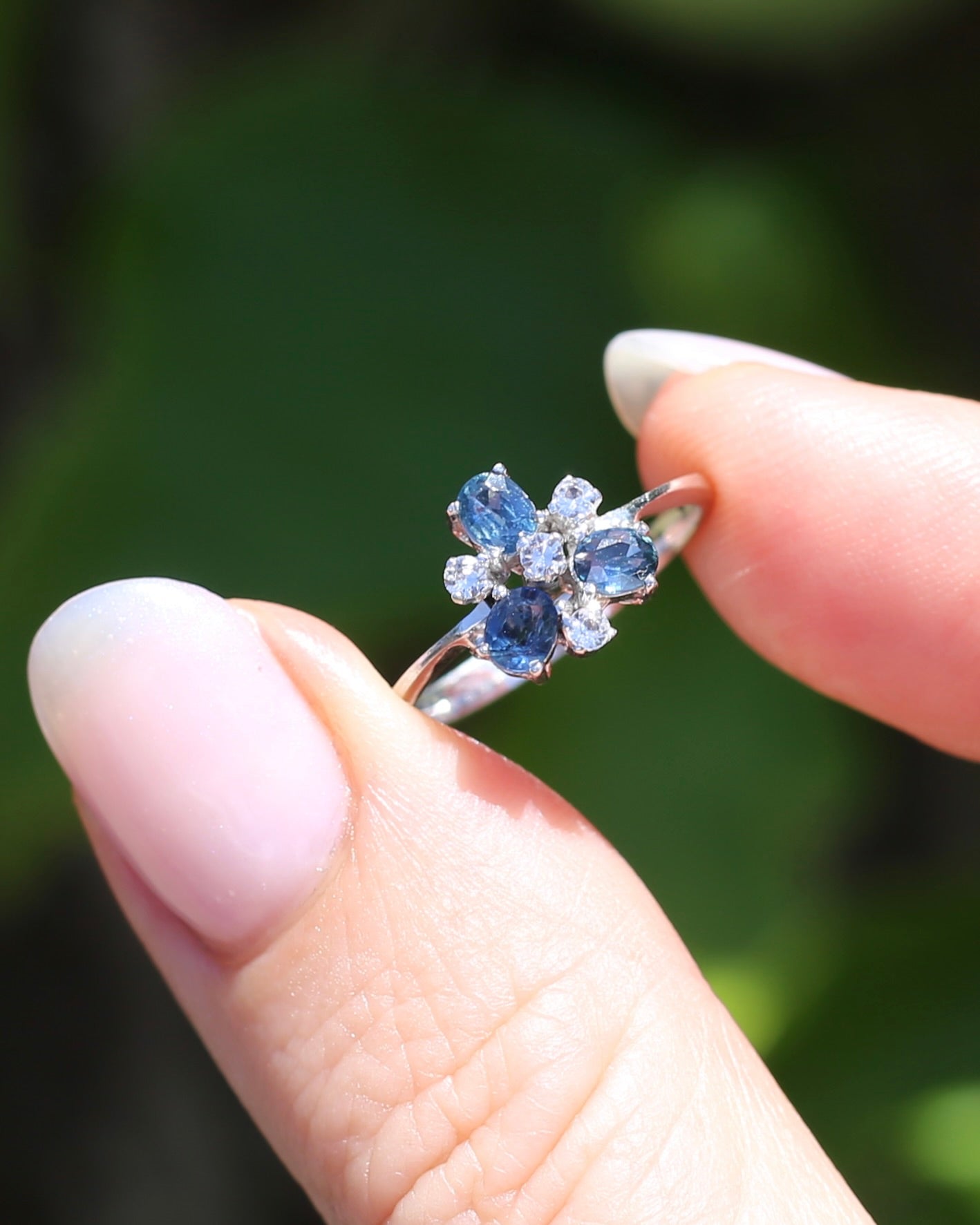Vintage Parti Sapphire and White Quartz Cluster Ring, 9ct White Gold, size M or just over 6, 1.7g