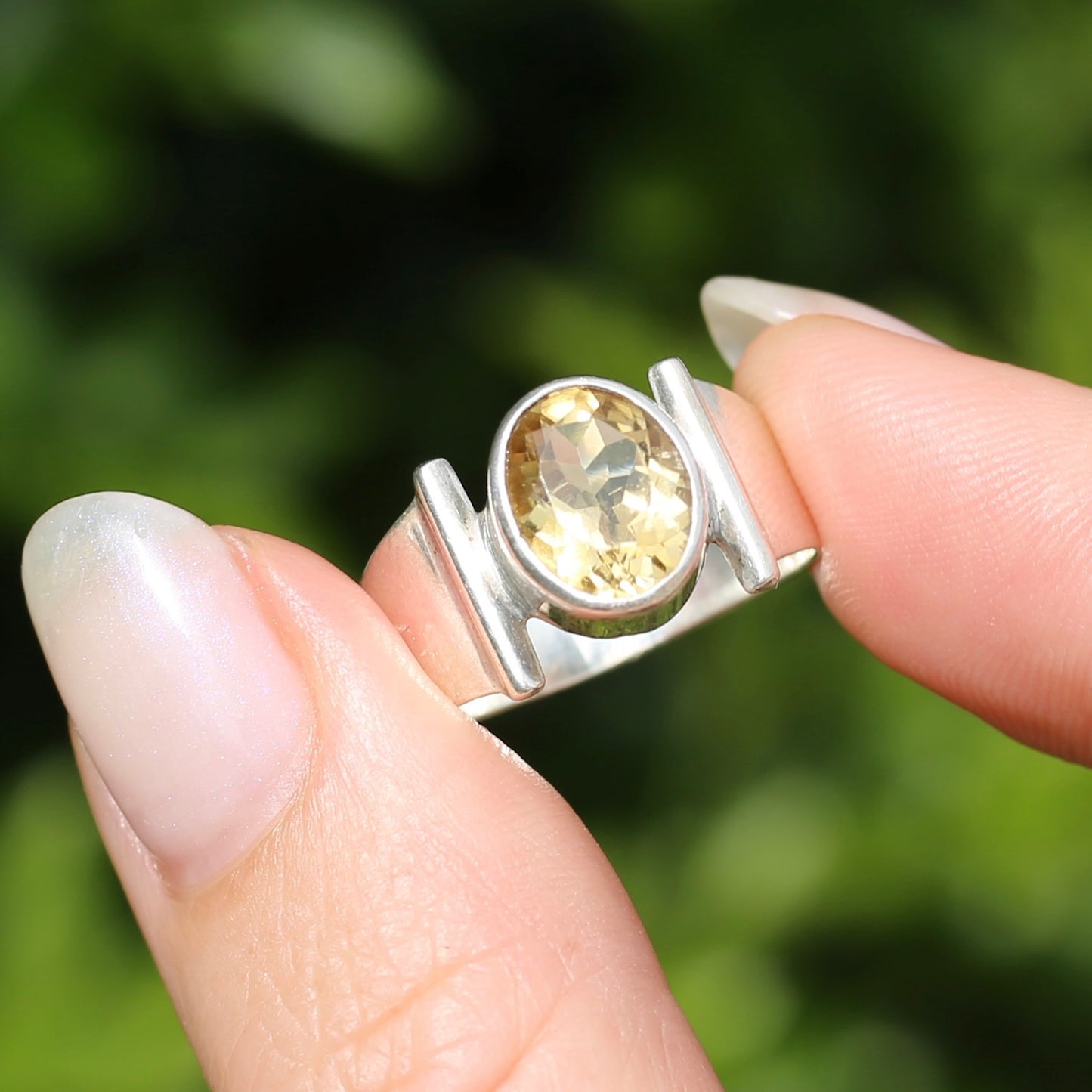 Bezel Set Oval Citrine Ring with Bar Shoulders, Sterling Silver, fits like size R