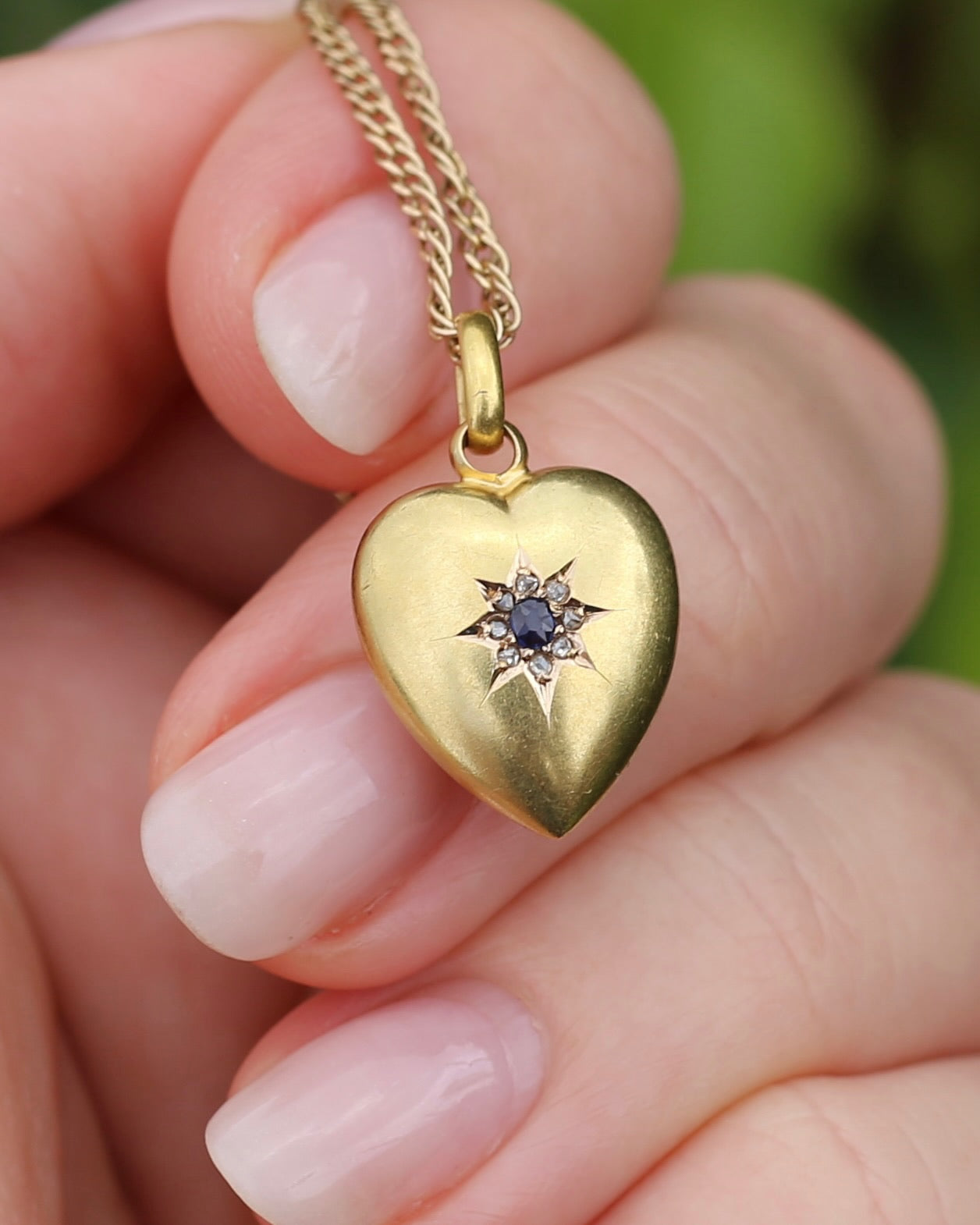 Antique 1903 Made 15ct Puffy Heart With Old Cut Sapphire and Rose Cut Diamonds, 15ct Yellow Gold, 1.59g