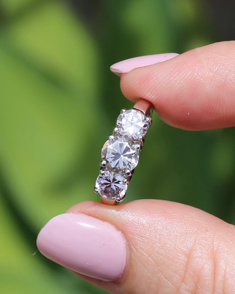 3.7ct Pale Pink Australian Zircon Trilogy Ring, 10ct and 18ct White Gold, size O or just over 7, 3.72g