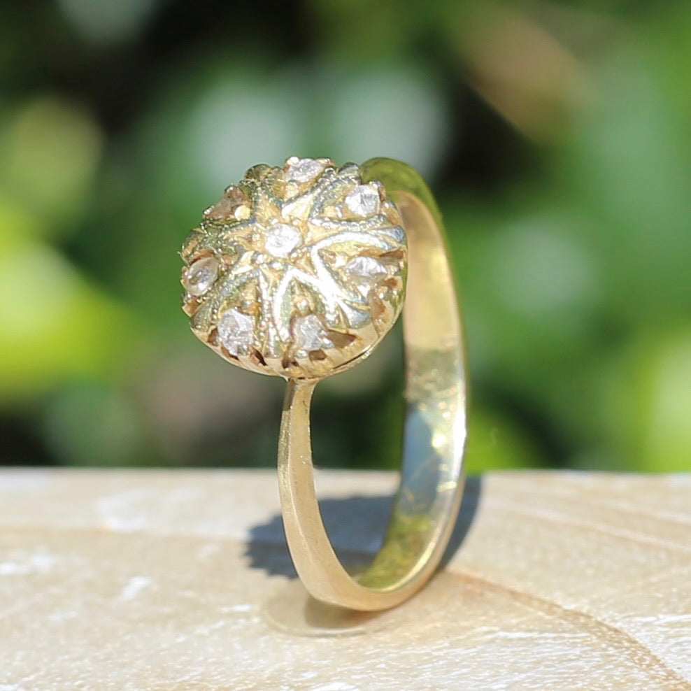 Rustic Handmade Likely Victorian Rose and Table Cut Diamond & Quartz Ring, approx 12ct Yellow Gold, size T or 9.5