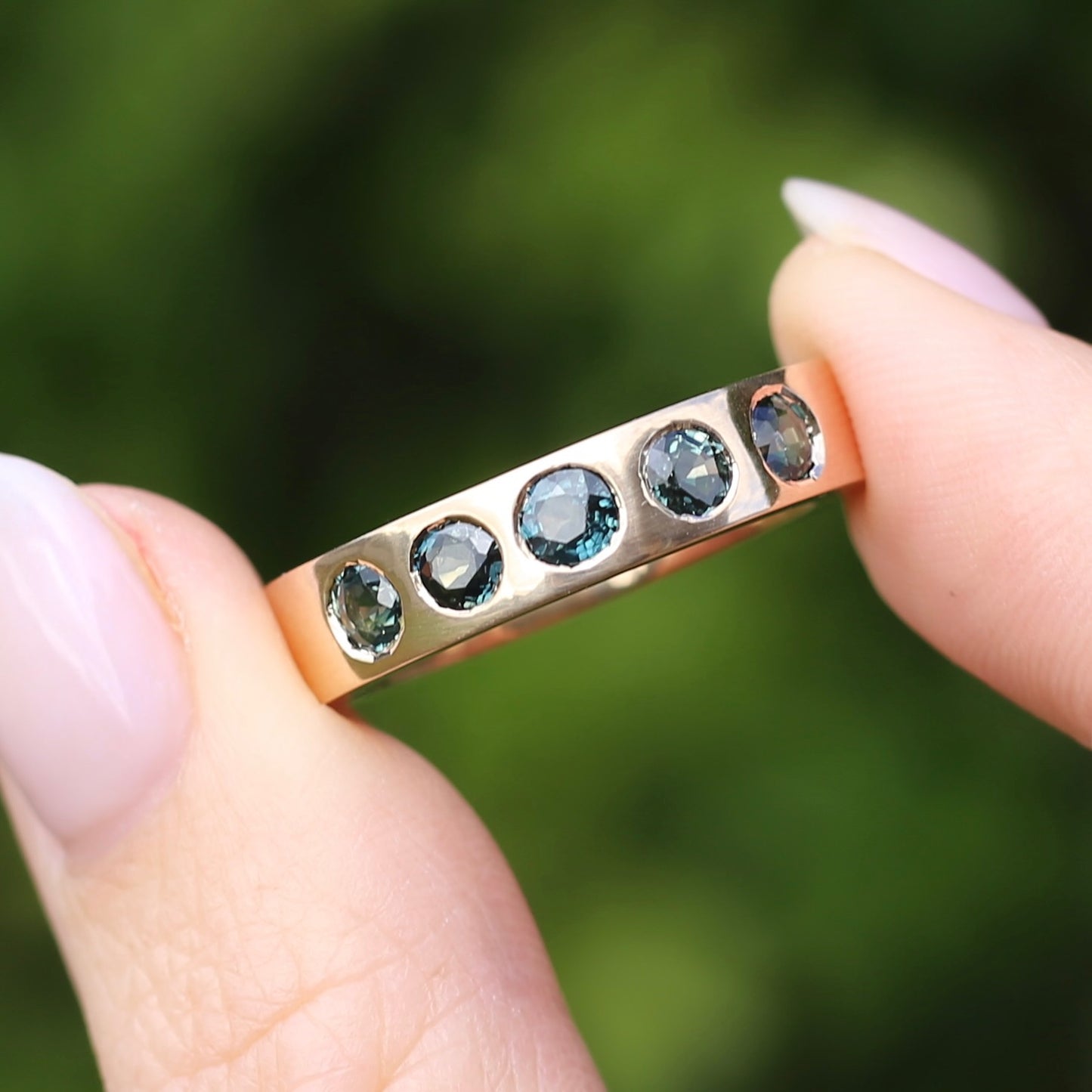 Custom Reclaimed Gold Chunky 9ct Rings with 4mm Parti Sapphires