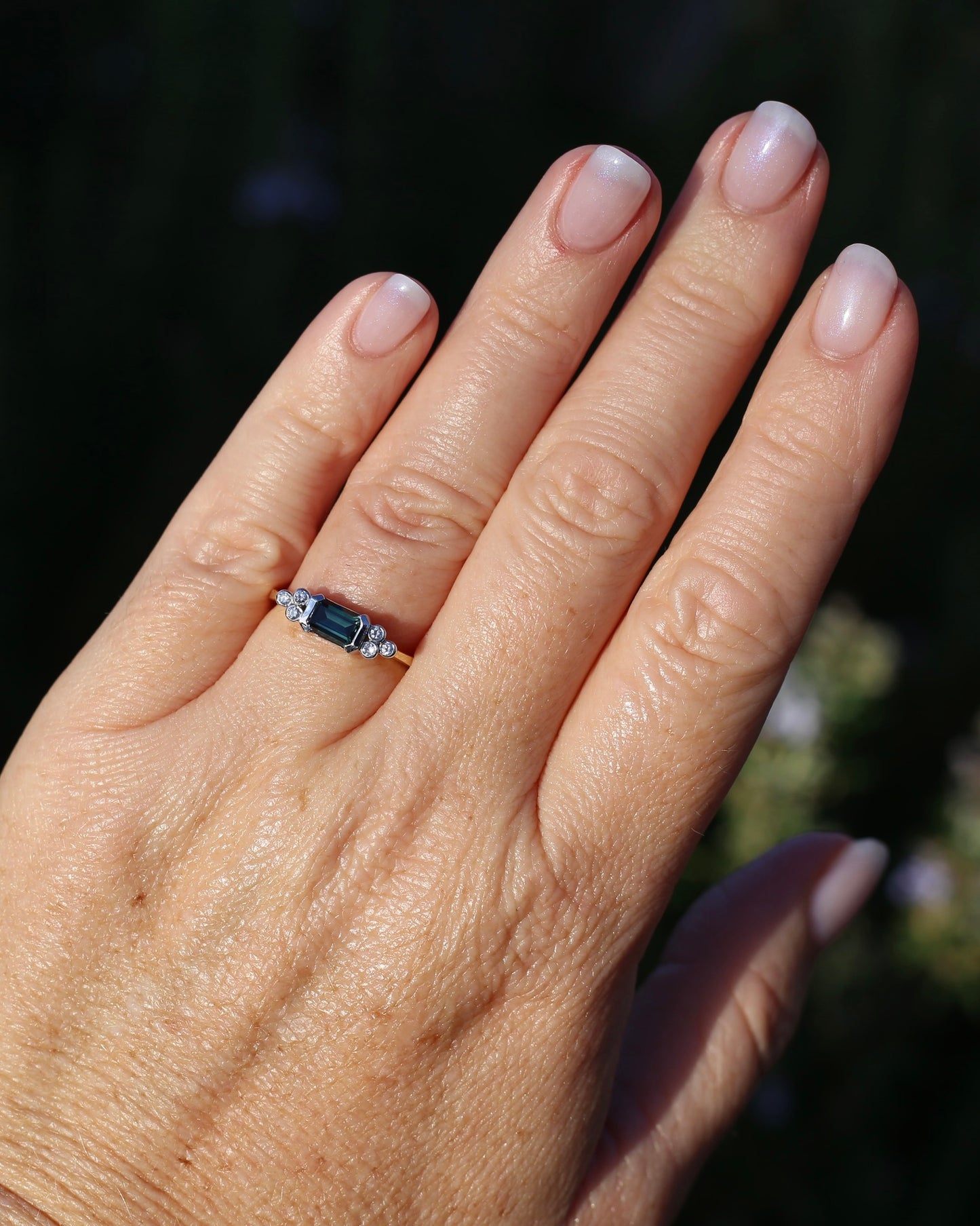 Vintage East West Set Natural Sapphire and Diamond Ring, 18ct Yellow and White Gold, size O or 7.25, 3.36g, with valuation