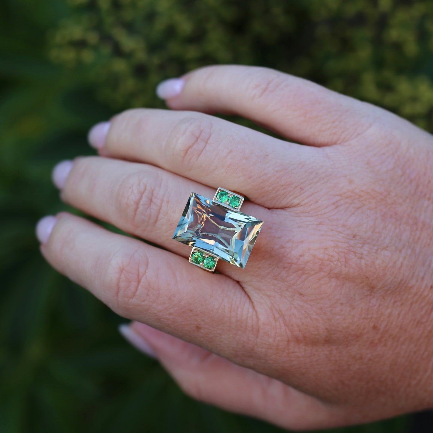 Vintage 15ct Prasiolite Green Quartz and Chrome Diopside Cocktail Ring, size U or 10