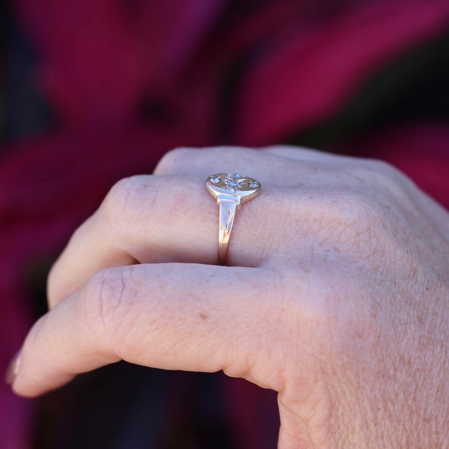 Early Australian Joseph Lawrence Signet Ring, Star Set with 5 Old Cut Diamonds, size T or 9.5