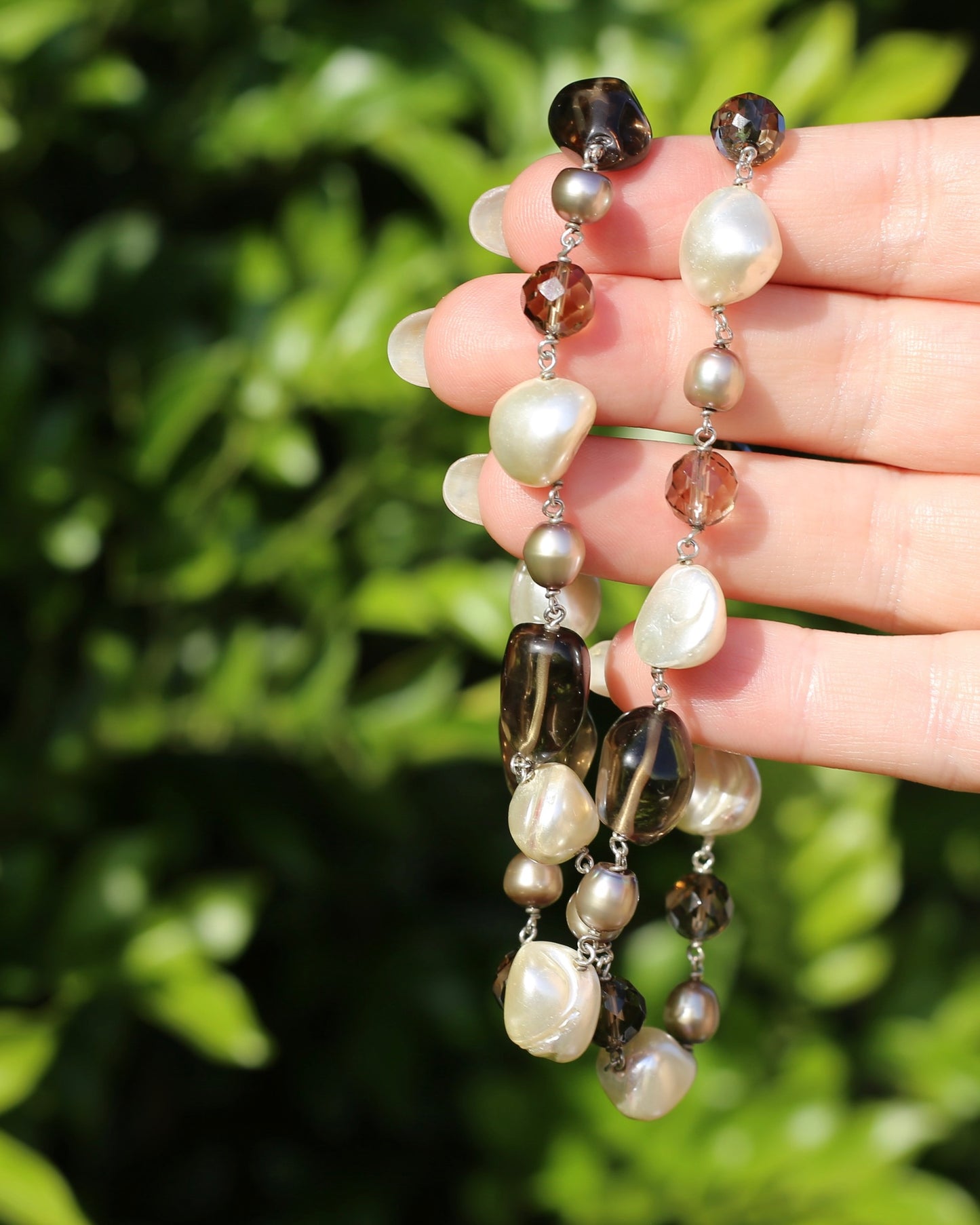 Baroque White Pearl, Grey Pearl and Smoky Quartz Neckalce, Silver Clasp and Findings, 43g