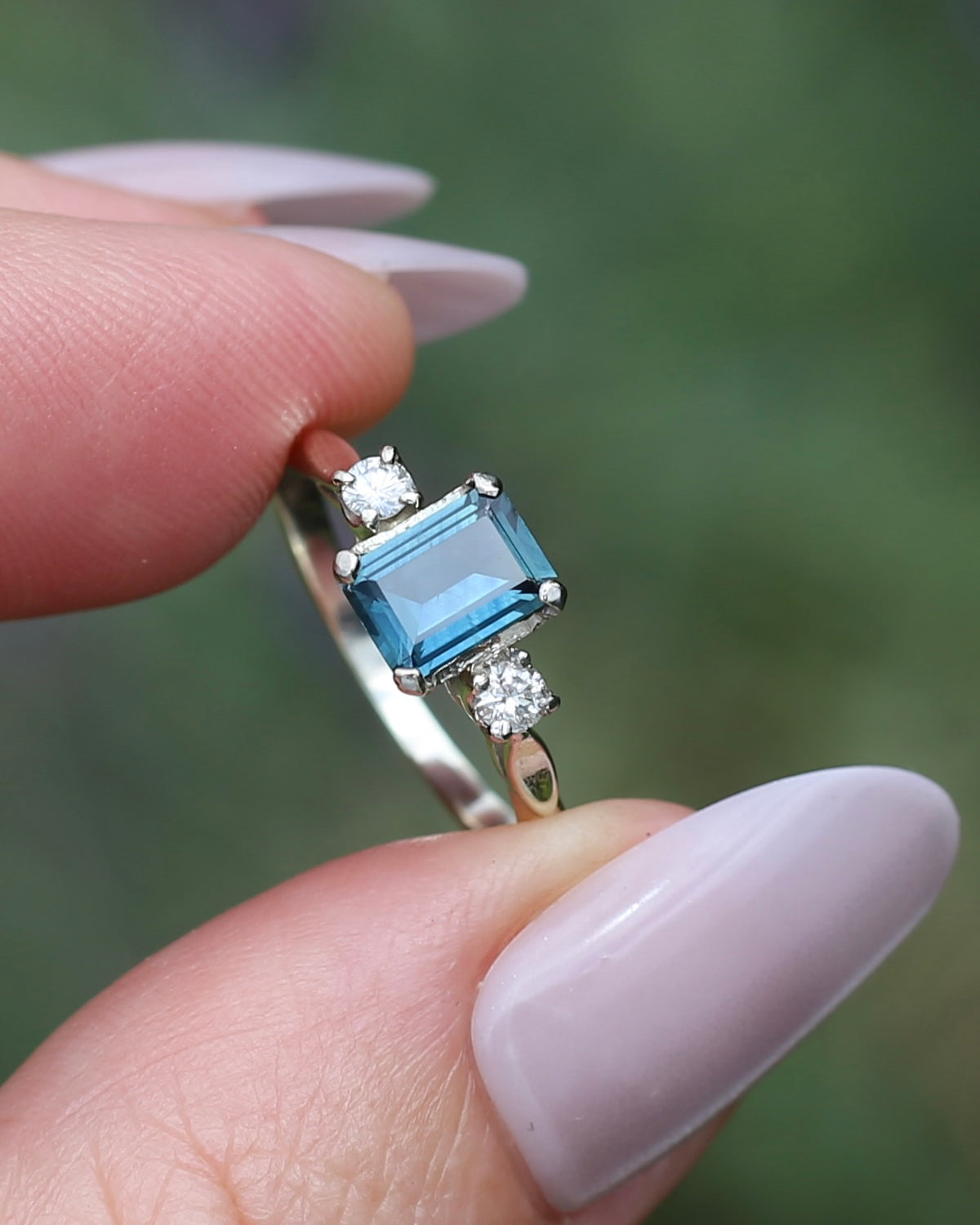 1.1ct Emerald Cut Natural Blue Teal Sapphire and Diamond Trilogy, 18ct White Gold and Platinum, size O or just over 7, 2.27g