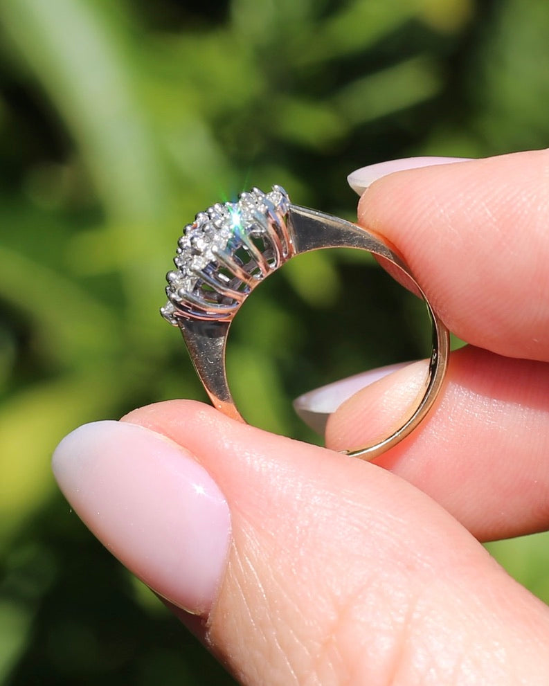 1991 London Made Diamond Cluster Ring, 9ct Yellow and White Gold, size J or 4.75, 2.2g
