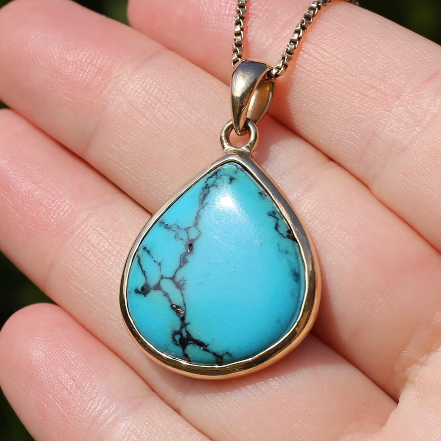 Natural Pear Turquoise Pendant in 9ct Yellow Gold, 6.69g