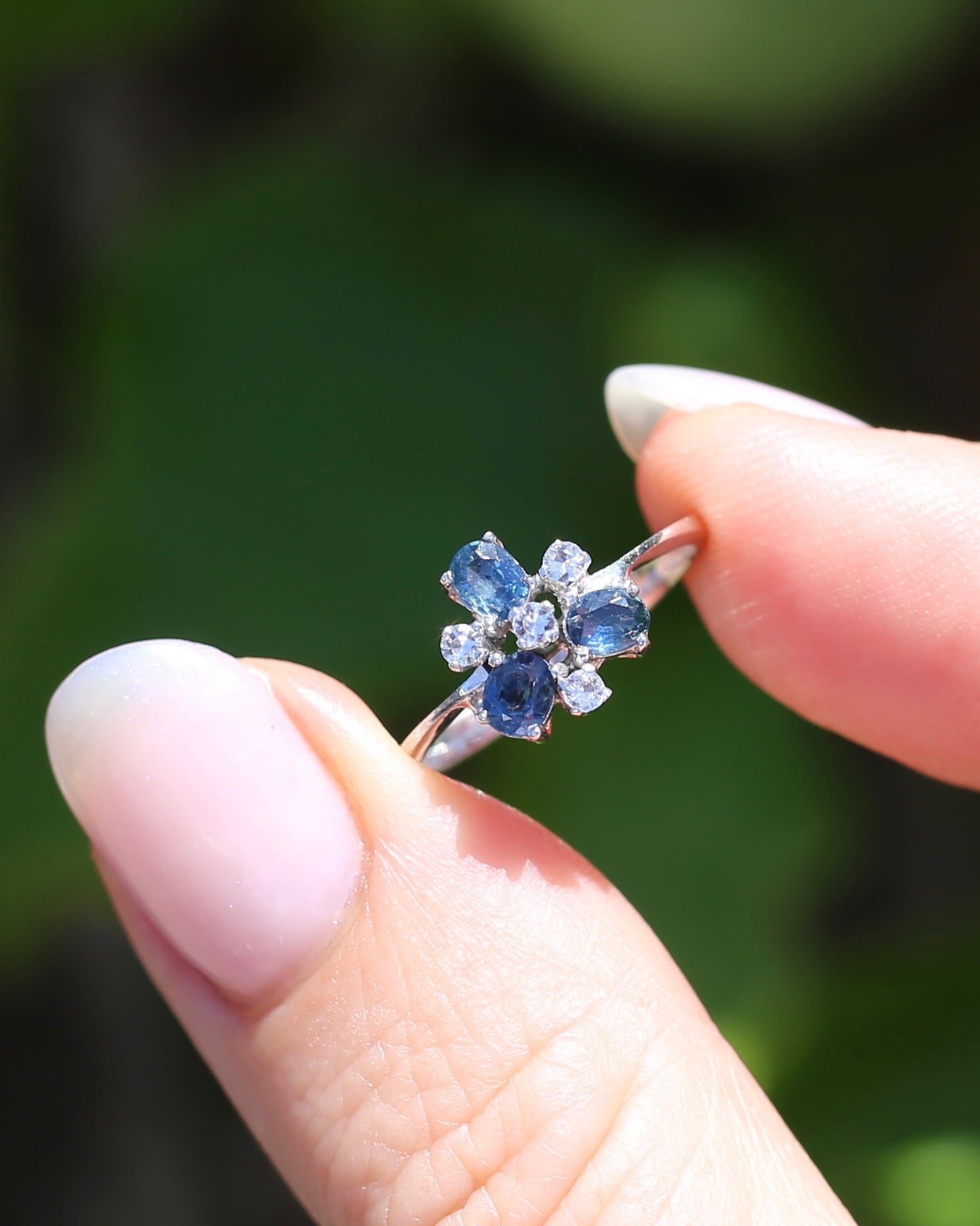 Vintage Parti Sapphire and White Quartz Cluster Ring, 9ct White Gold, size M or just over 6, 1.7g
