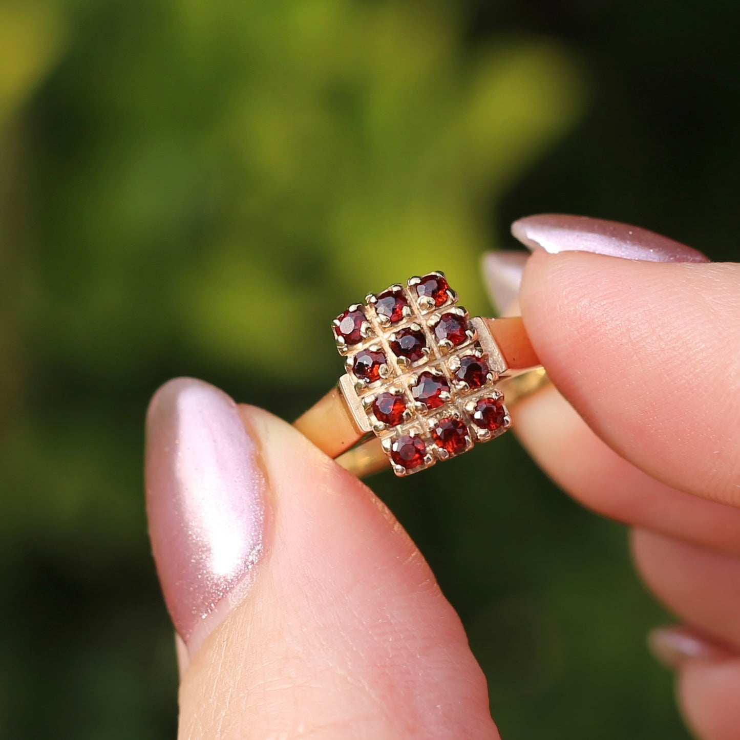 Old Cut 12 Stone Garnet Checkerboard Ring, size P or 7.75