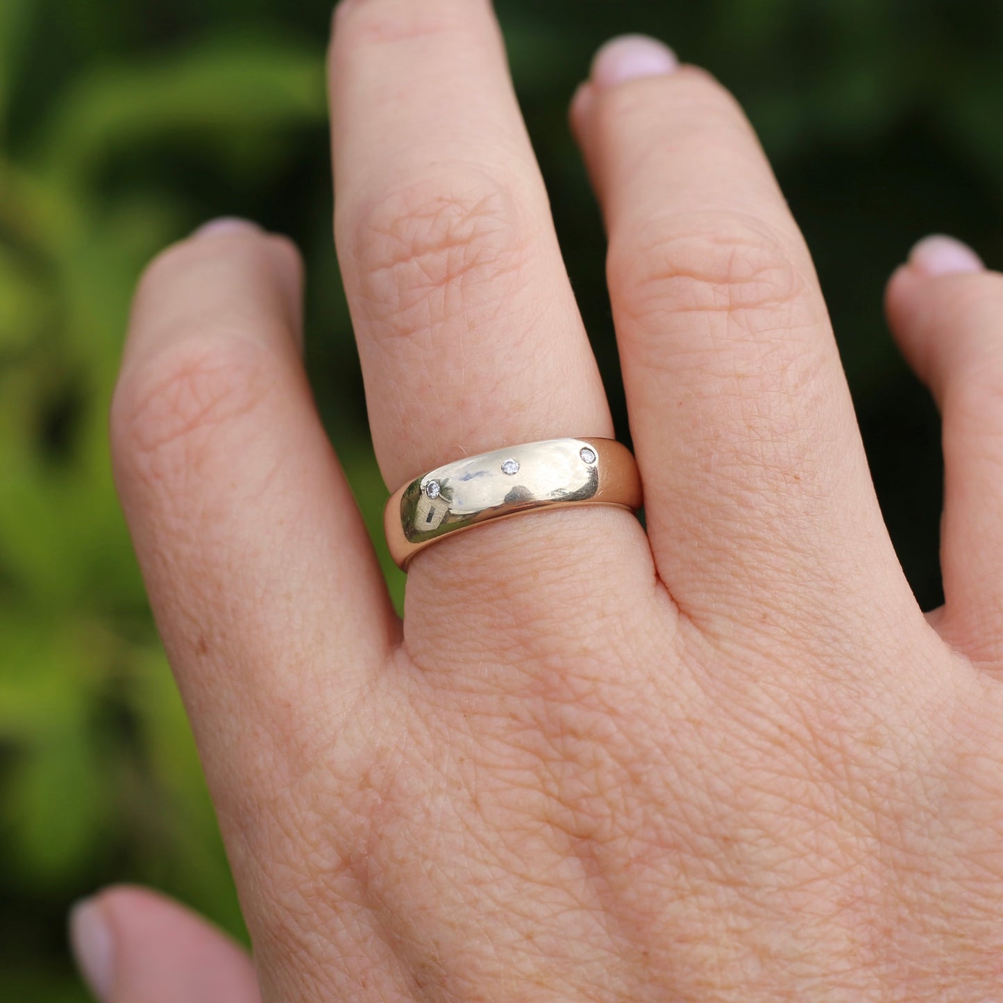 Chunky Half Round 9ct Gold Ring with 3 Punch Set Diamonds, 9ct Yellow Gold, size 8.5 or just under R