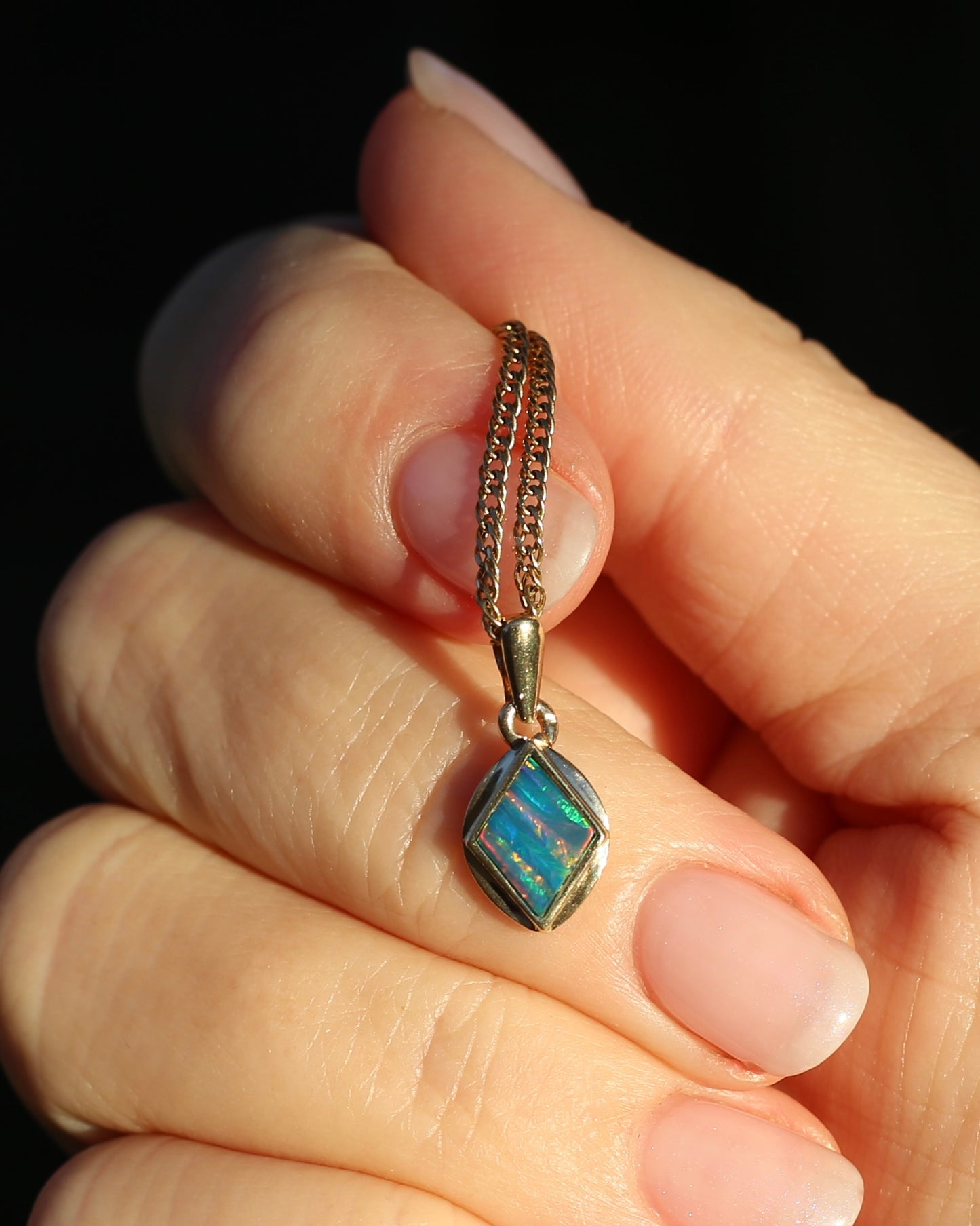 Bezel Set Solid Opal Diamond Shaped Pendant, 14ct Yellow Gold, 0.88g