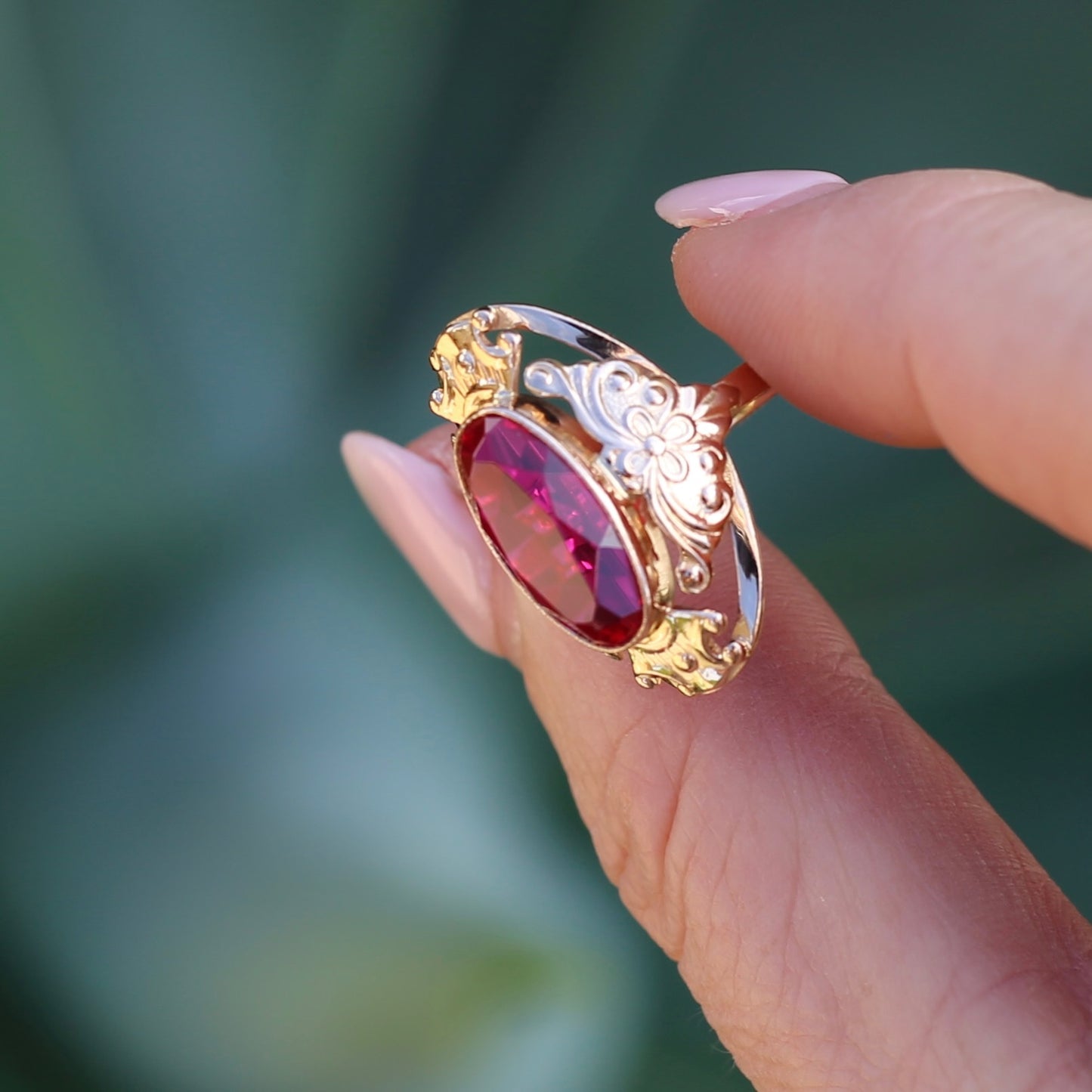 Mid Century Russian Oval Synthetic Ruby in Rosey Gold Floral Setting, 14ct Old Rosey Gold, size N1/2 or 7