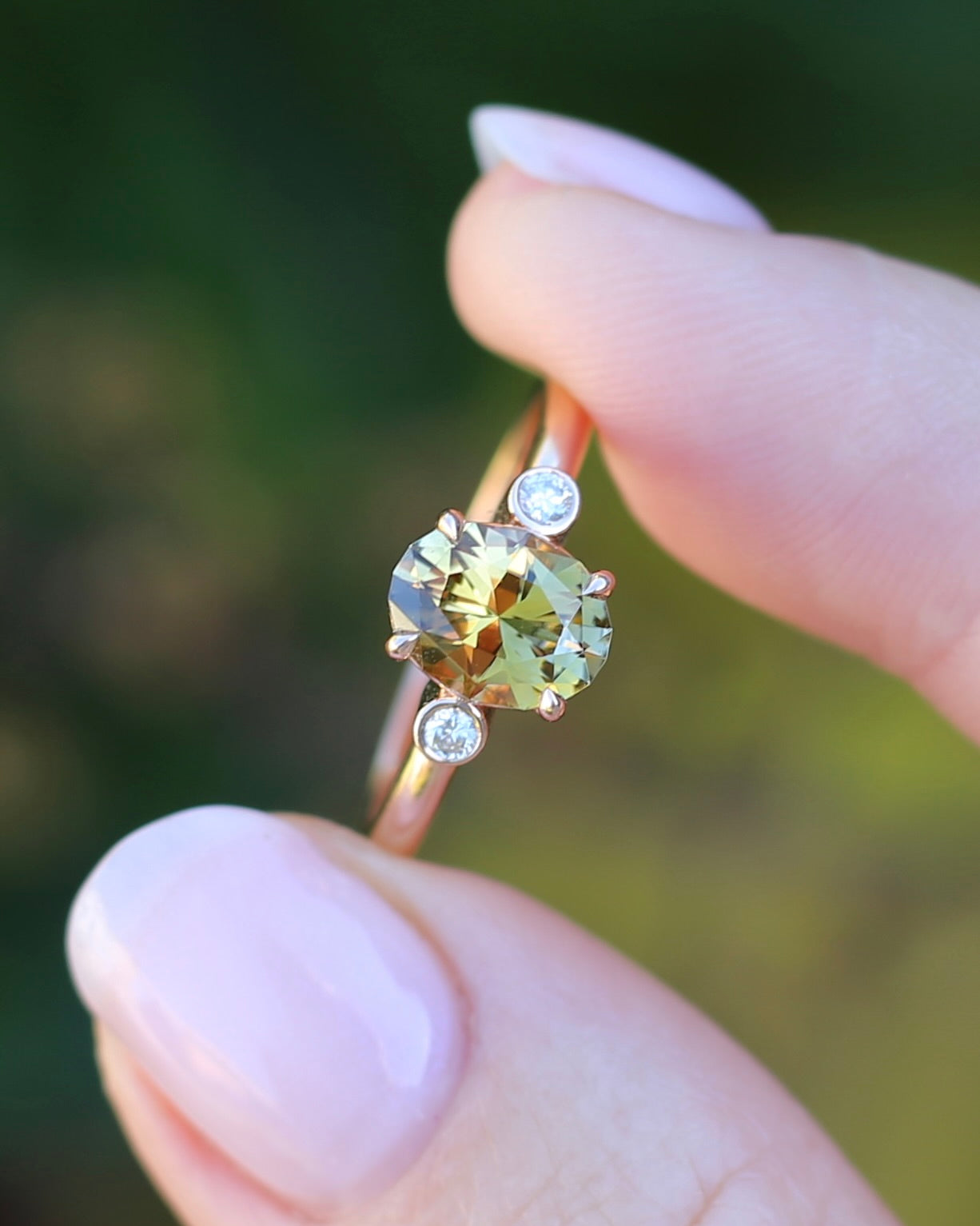 1.57ct Natural Golden Tanzanite Zoisite and Diamond Trilogy Ring, 14ct Rose Gold, size 8.75 or just over R, 3.3g, with valuation