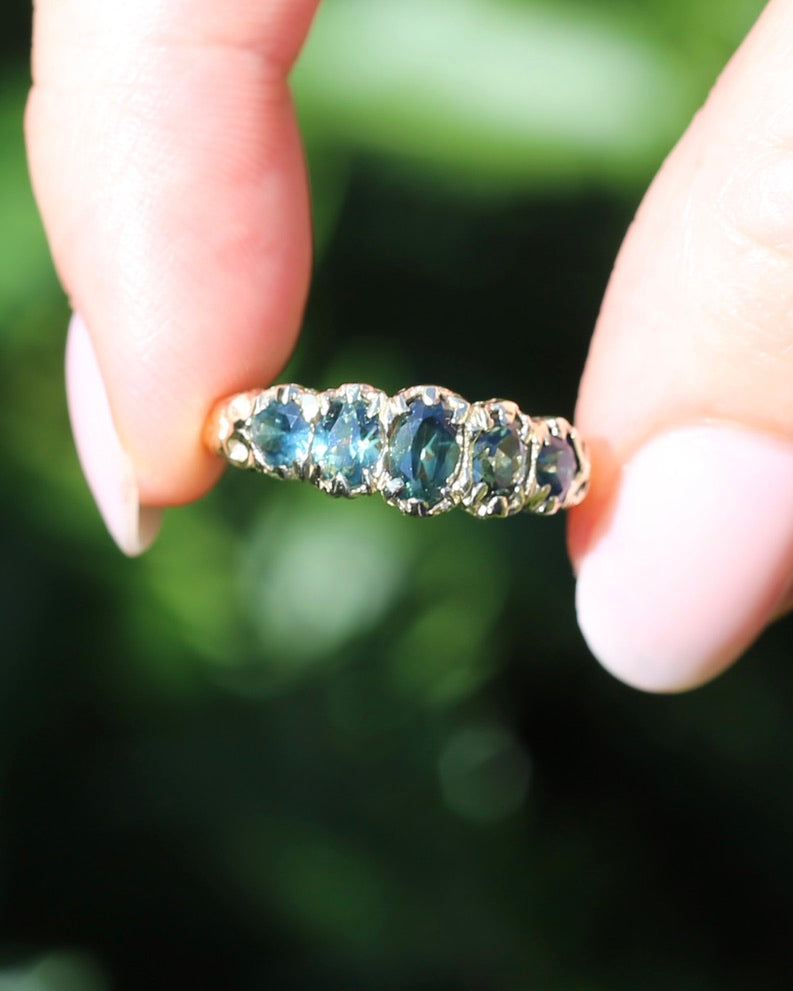 2.08ct Parti Sapphire Five Stone Ring,London Made 1989 9ct yellow Gold, size P1/2 or 8, 3.07g