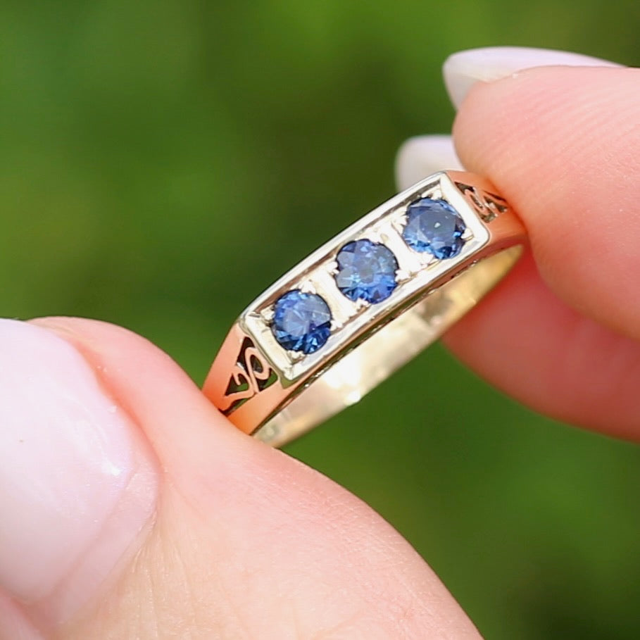 Natural Sapphire Trilogy, Swirl Shouders and Under gallery, 14ct Yellow Gold, size P or 7.5