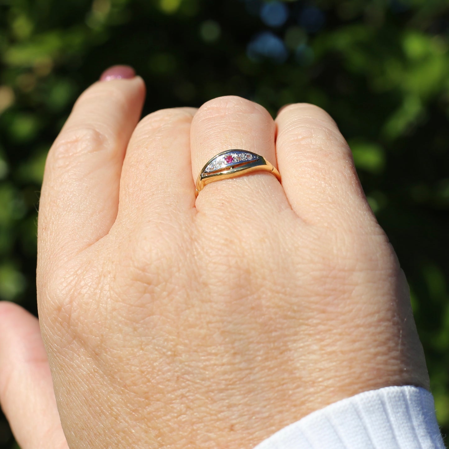 Antique Boat Ring with Four Old Cut Diamonds and an Old Cut Pink Topaz, 18ct Yellow and White Gold, size 7 or N1/2