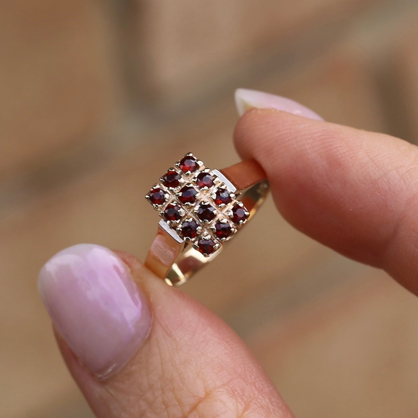 Old Cut 12 Stone Garnet Checkerboard Ring, size P or 7.75