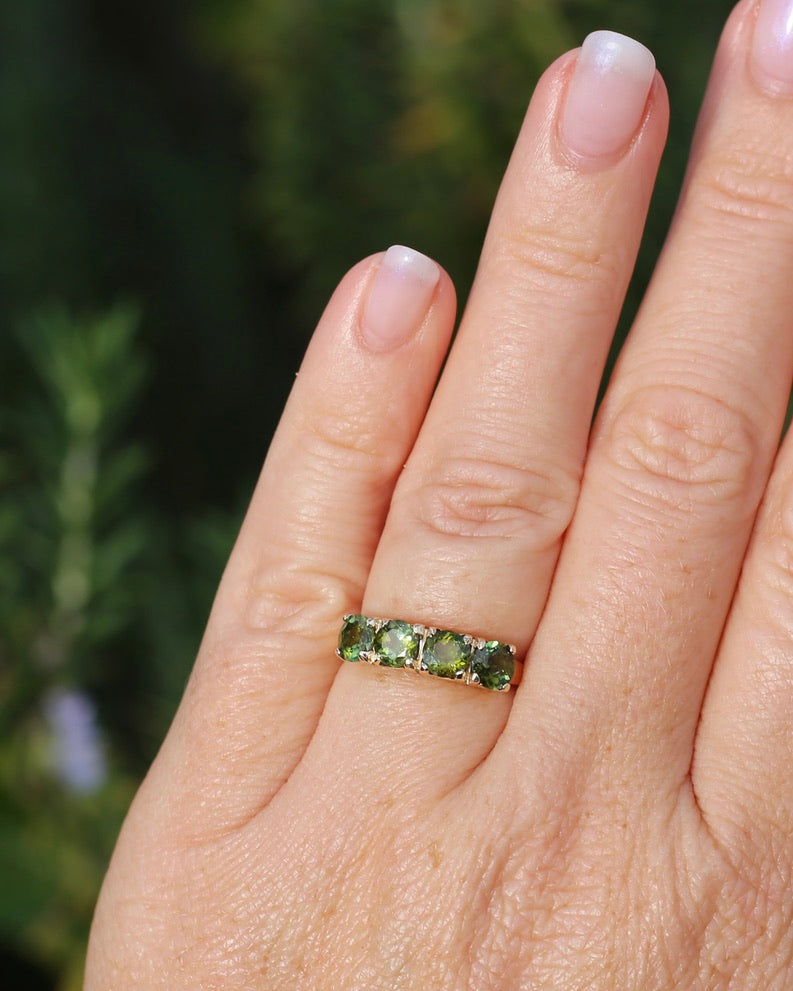 1.75ct Four Stone Natural Green Tourmaline Ring, 9ct Yellow Gold, size N1/2 or just over 6.75, 2.37g
