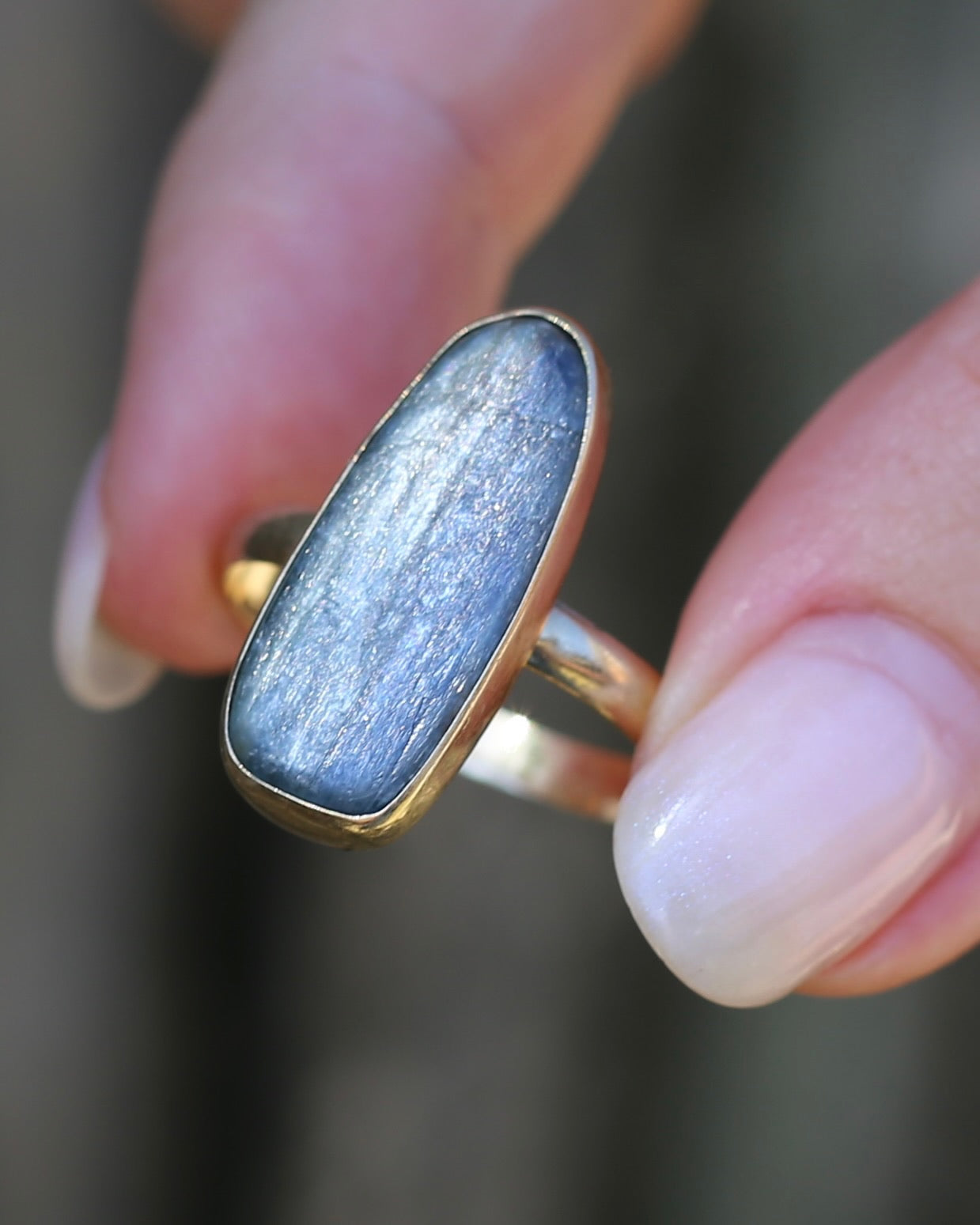 Rustic Freeform Labradorite Cabochon in Bezel Setting, 9ct Yellow Gold, size X1/2 or 11.75