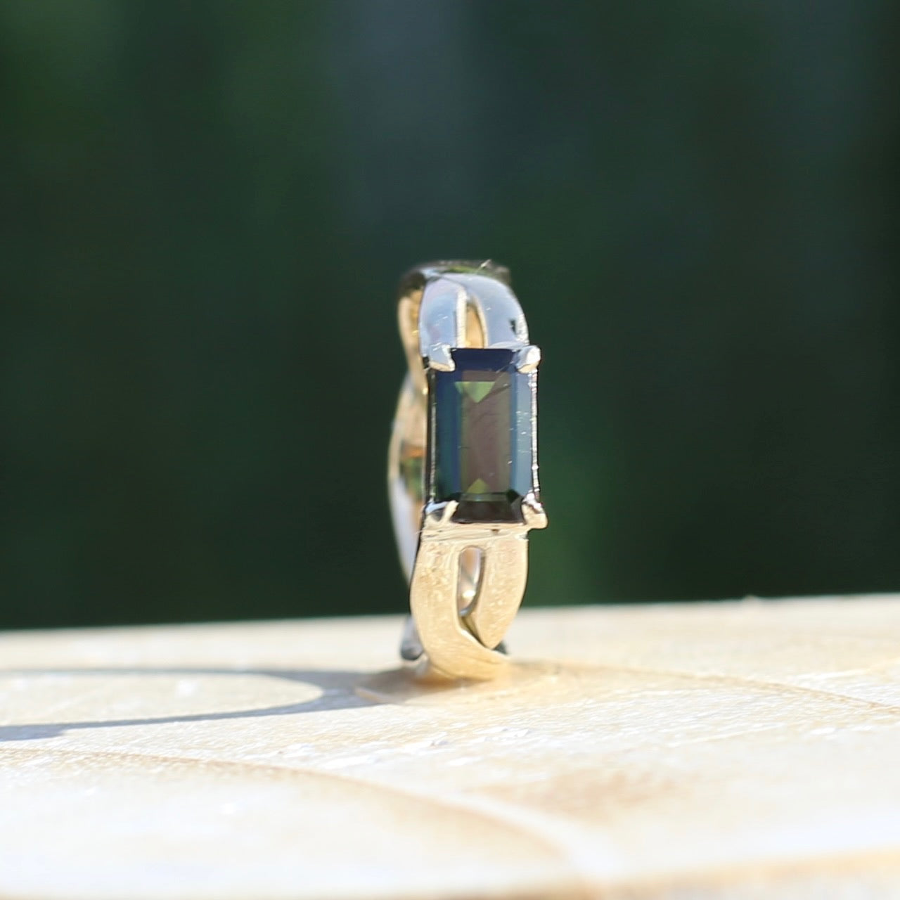 East West Set Emerald Cut Dark Green Natural Tourmaline Ring, 9ct Yellow Gold, size L or 5.75