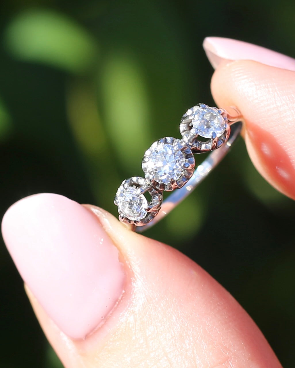 Circa 1930s Transitional Cut Diamond Trilogy with Kozibe Effect, Platinum, size L or 5.75, 2.68g, with valuation