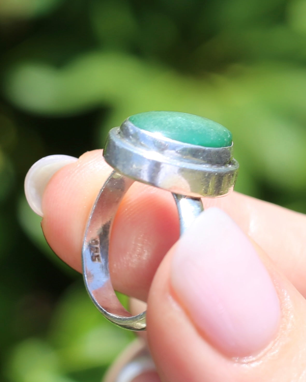 Natural Green Turquoise Bezel Set Ring, Sterling Silver, size P or 7.5, 6.0g