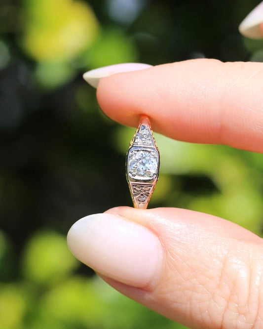 Antique Circa 1915 Old European Cut Solitaire, 18ct White and Yellow Gold, size M1/2 or 6.5