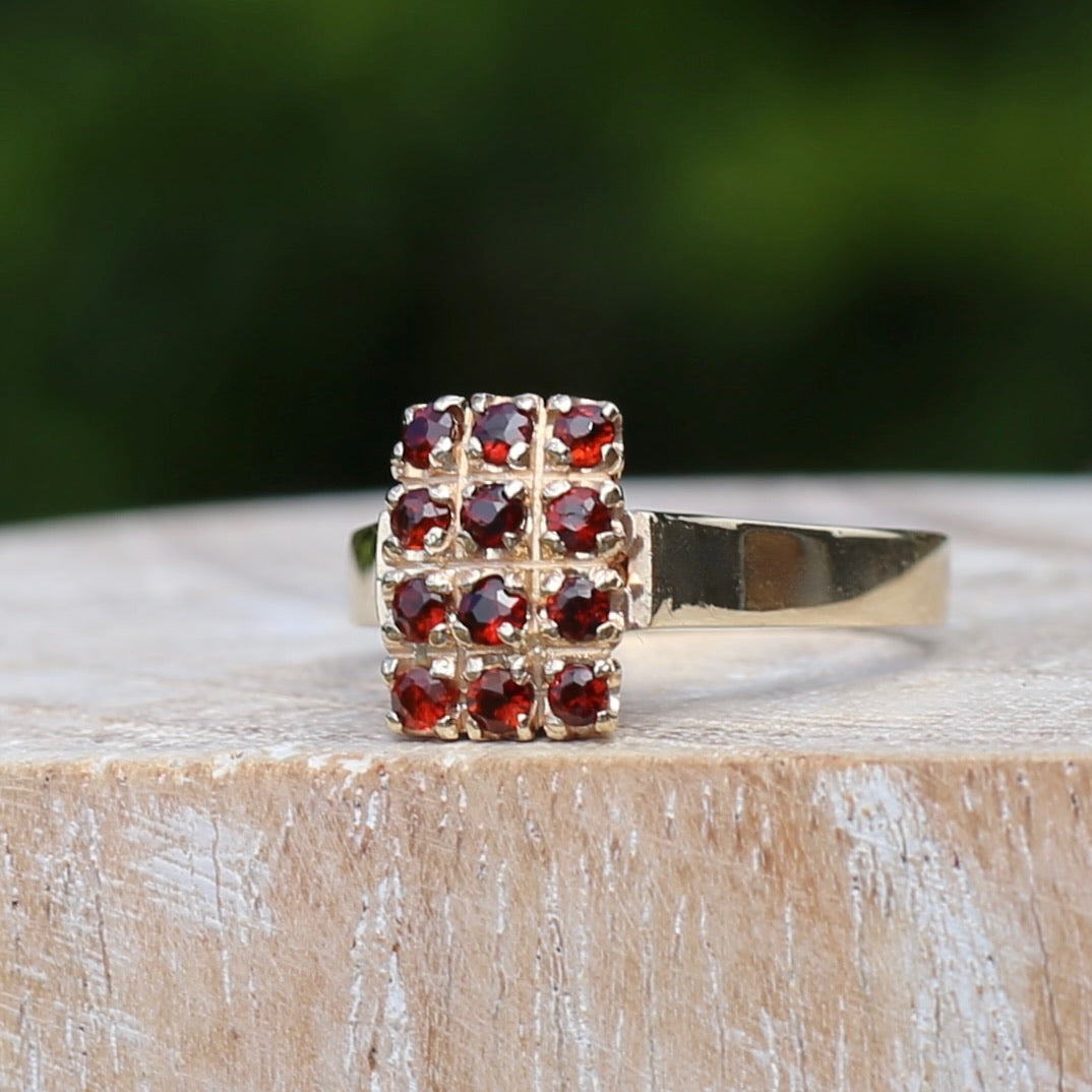 Old Cut 12 Stone Garnet Checkerboard Ring, size P or 7.75