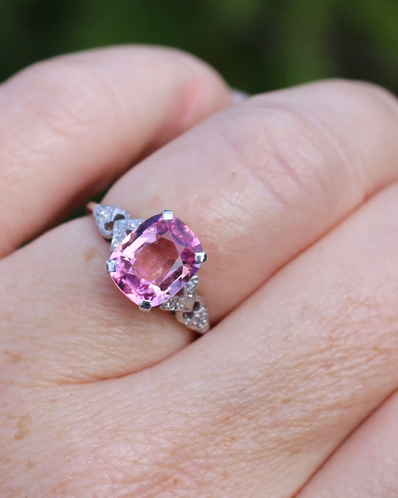 Pale Pink Tourmaline and Old Cut Diamond Shoulder Ring, 18ct White Gold and Platinum, size N or 6.75, 2.63g