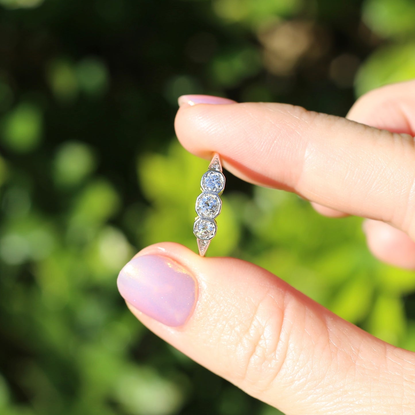 1930s Old and Transitional Cut Diamond Trilogy, 18ct Yellow and White Gold, size N or 6.75