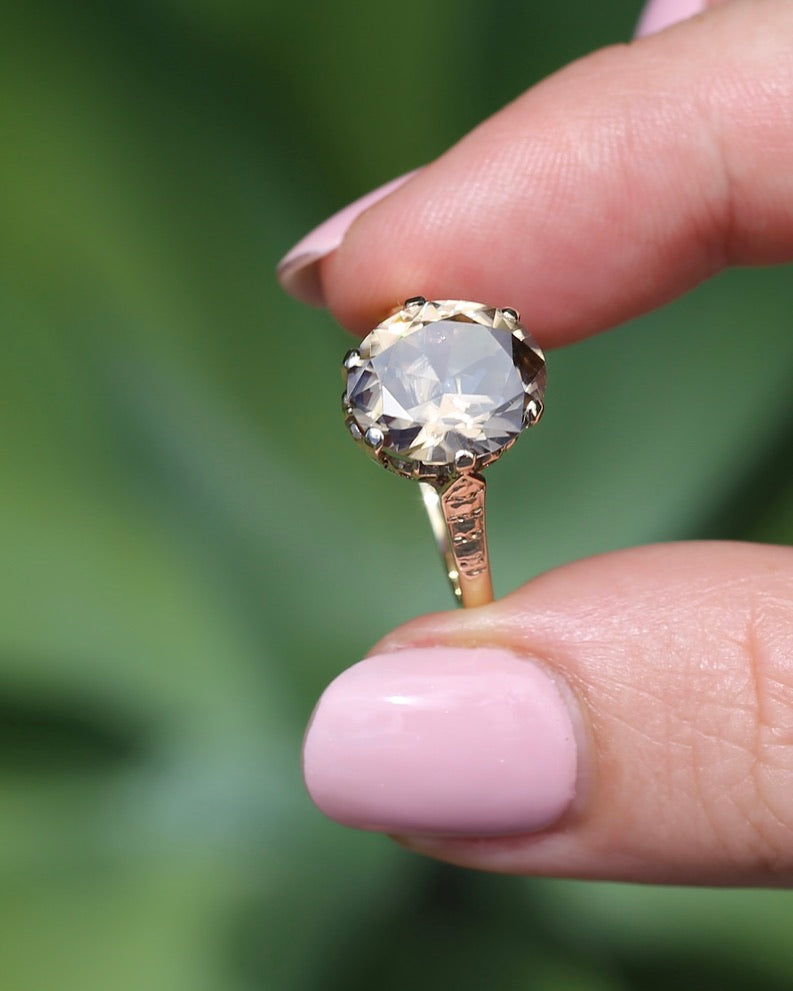 5.68ct Oval Natural Australian Zircon, In 1973 Birmingham Made Ring, 9ct Yellow Gold, size O1/2 or 7.5, 3.41g