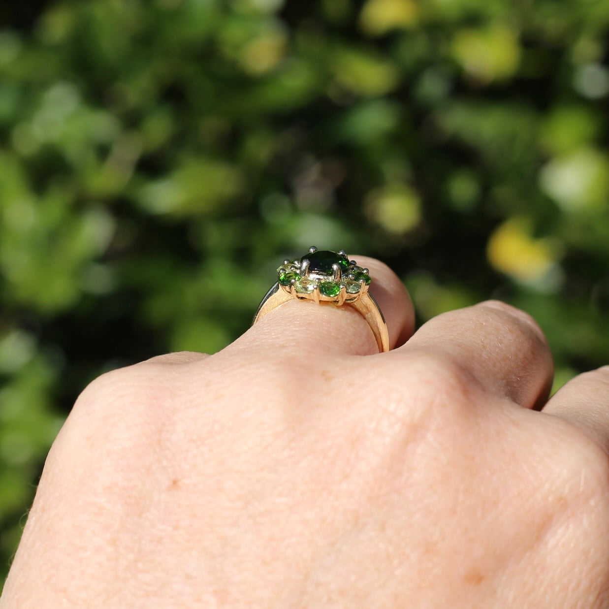 Chrome Diopside and Green Garnet Daisy Cluster Ring, 9ct Yellow Gold, size N1/2 or 7