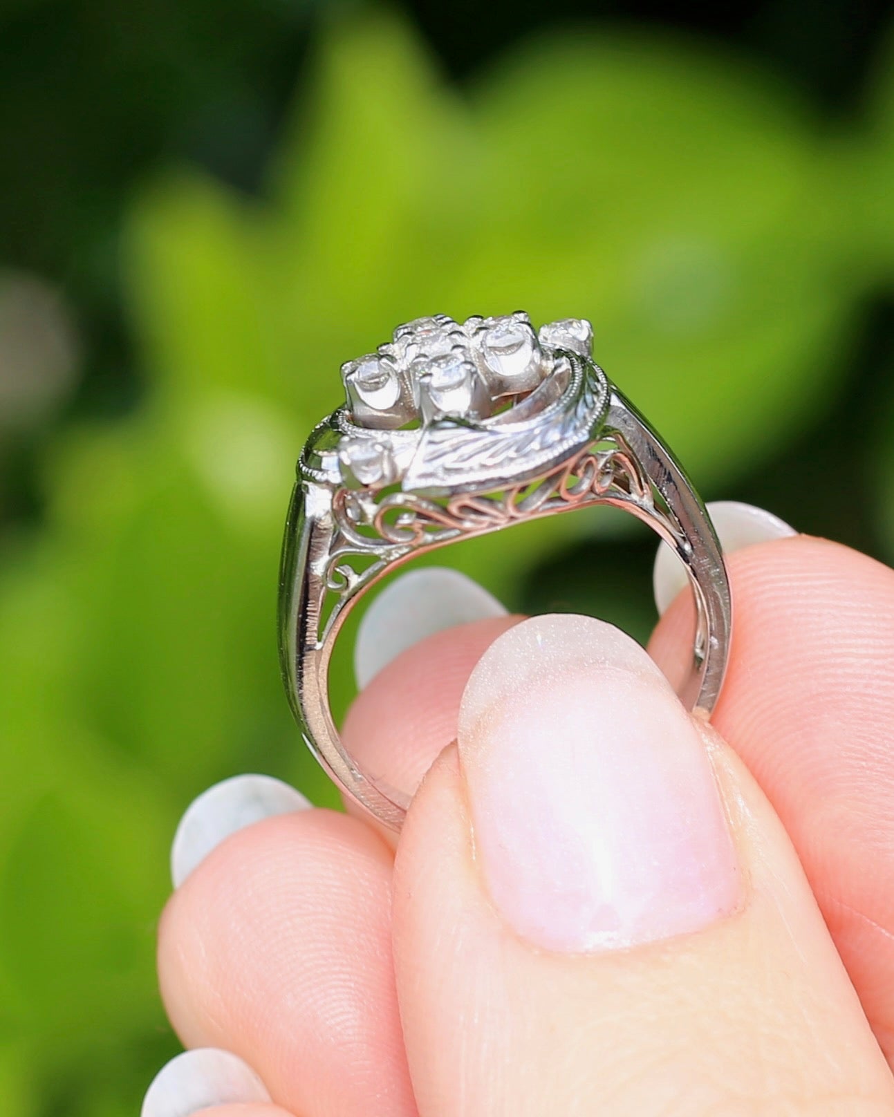 Old Cut and Early Brilliant Cluster Clover Ring, 9ct White Gold, size O or 7