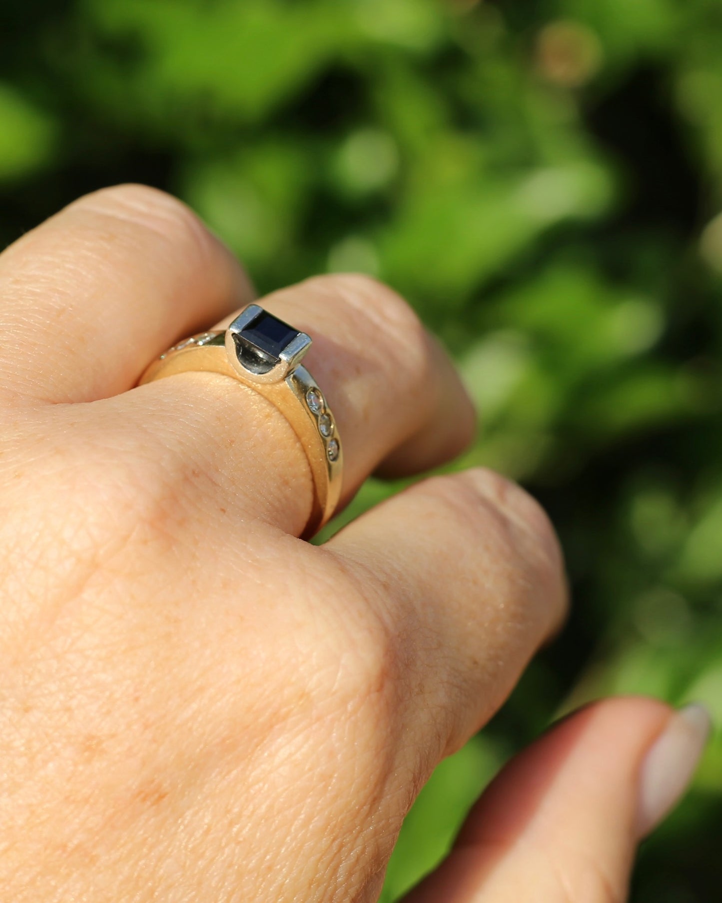 Vintage Chunky East West Set Sapphire and Flush Set Diamonds, 9ct Yellow and White Gold, size 9 or S