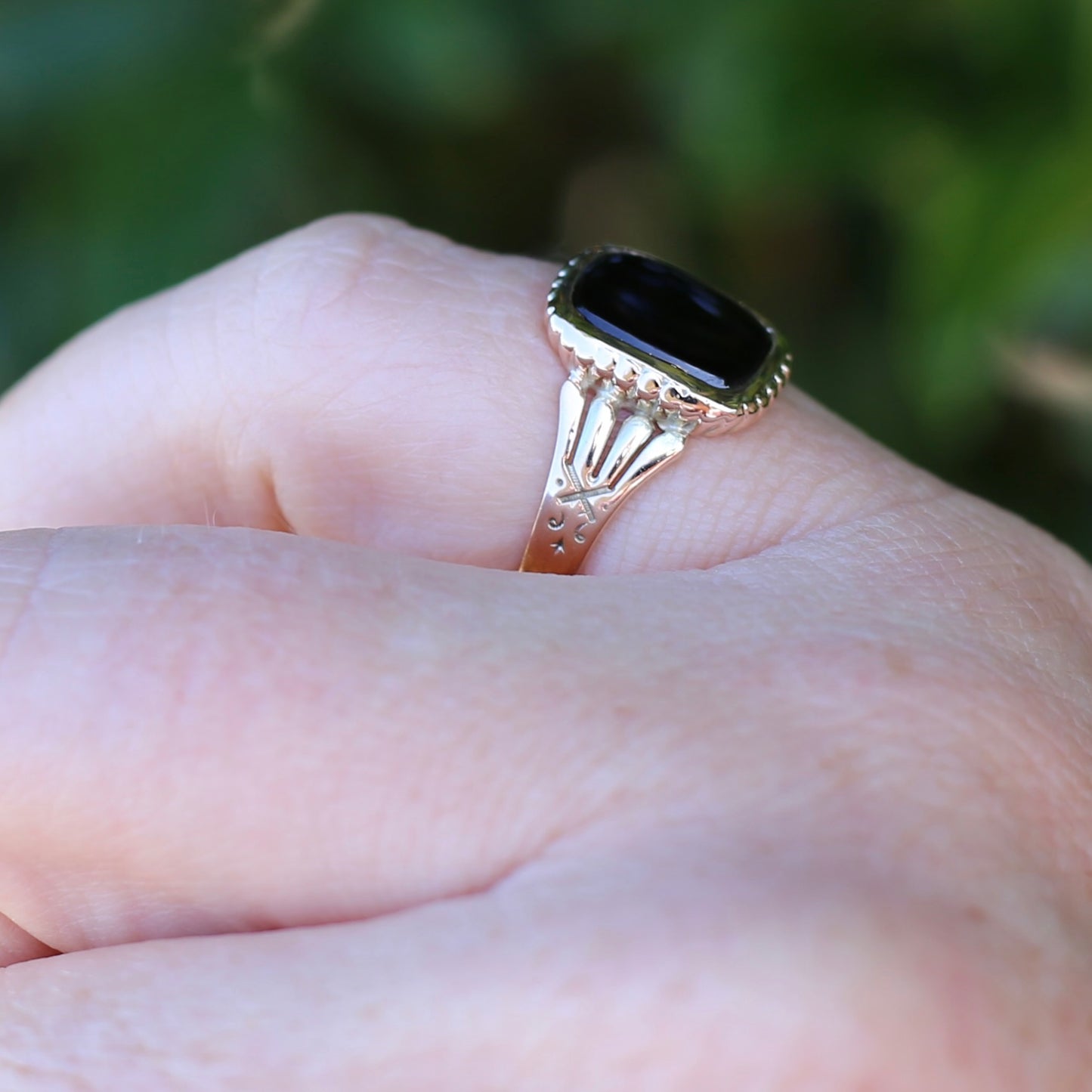 Vintique Onyx Signet Ring with Engraved Shoulders, 9ct Rosey Gold, size K1/2 or 5.5