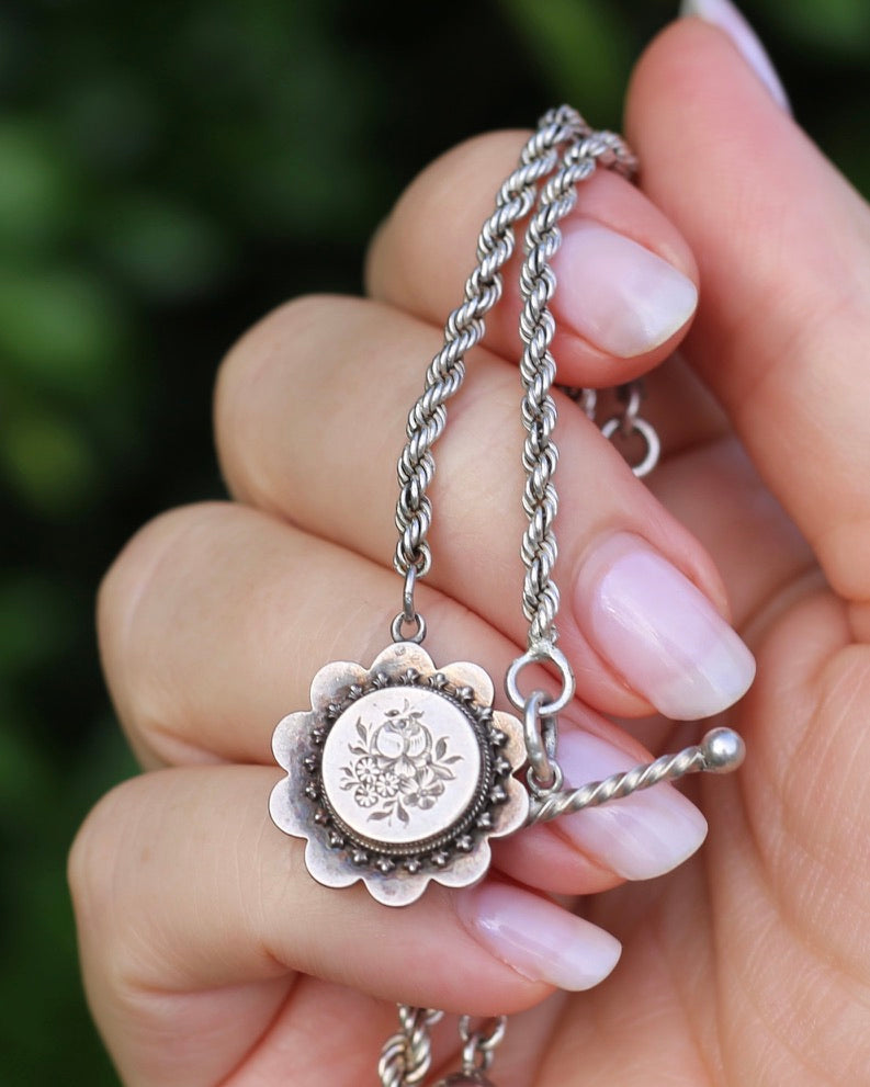 Antique 1896 Double Albertina Necklace with T-bar and Floral Pendant, Sterling Silver, 18.85g
