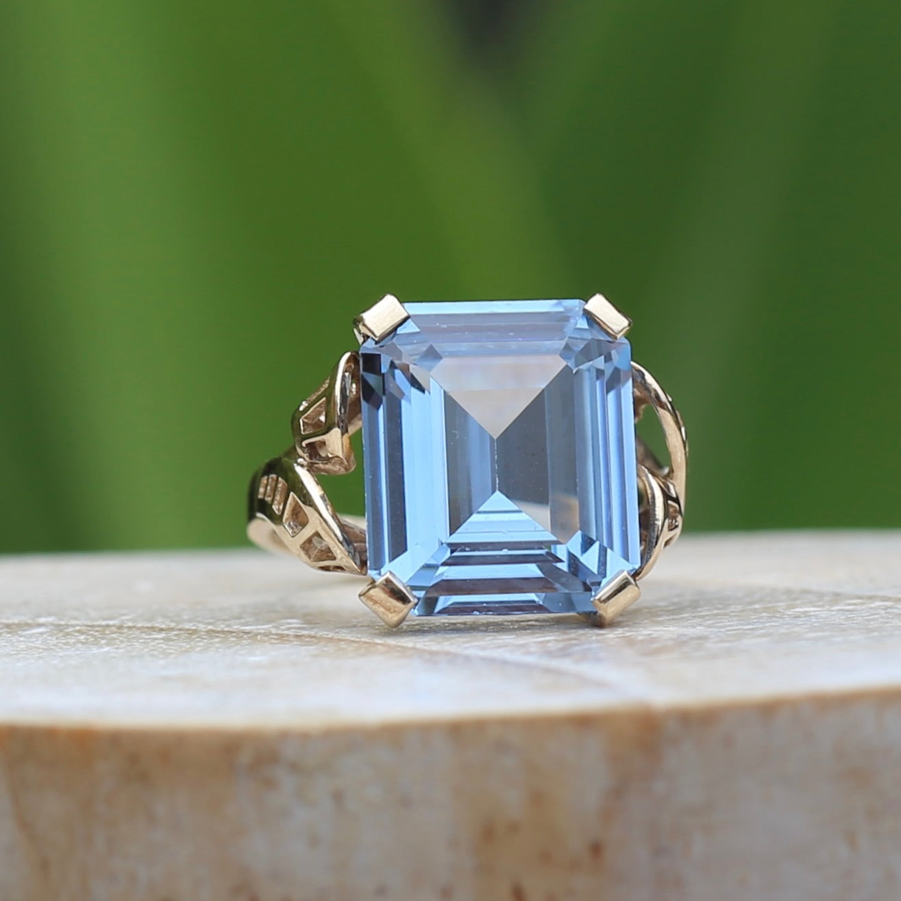 Mid Century Emerald Cut Blue Spinel Cocktail Ring, size N1/2 or 6.75