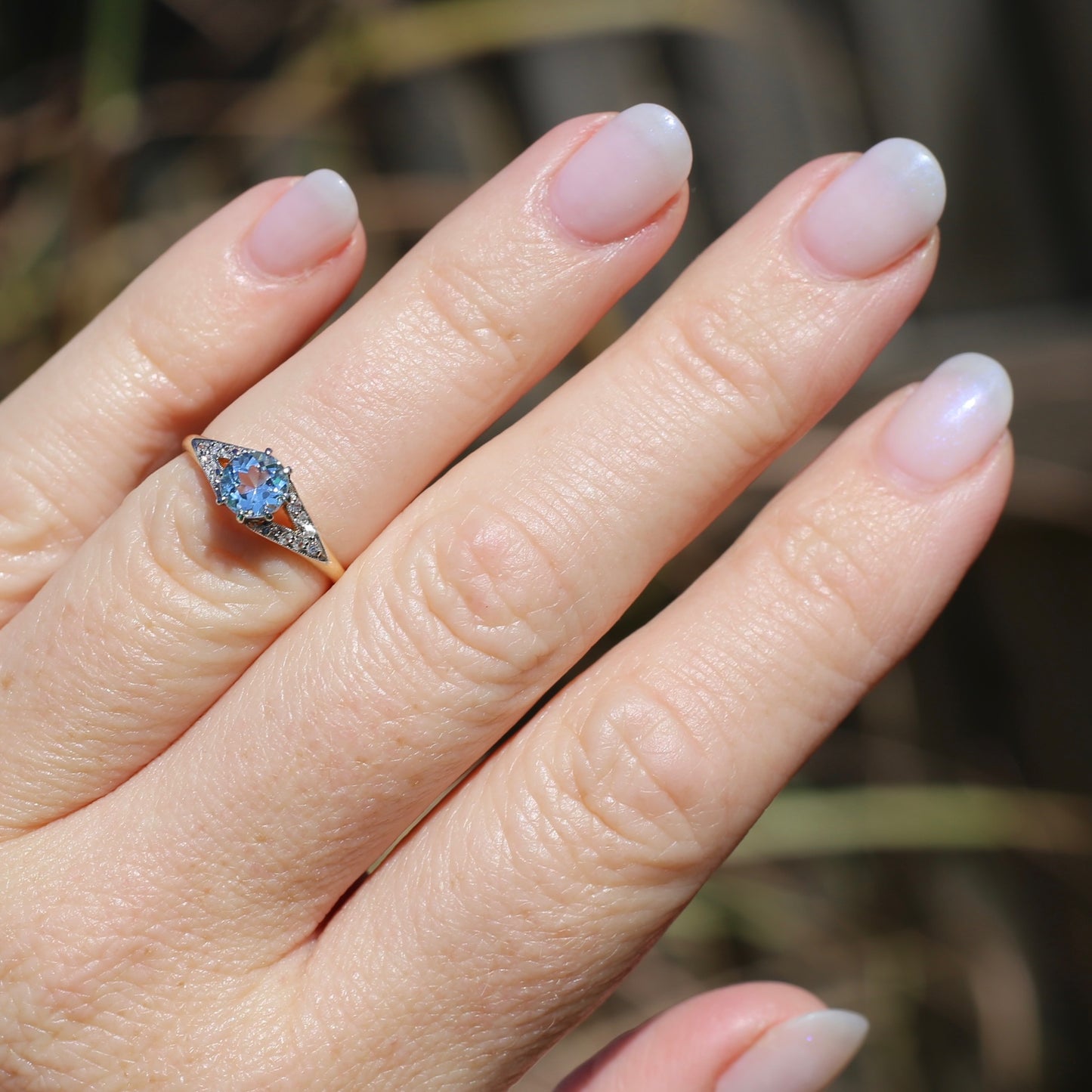 Pristine Early Australian 1930s Dunklings Blue Zircon & Diamond RIng, size L or just over 5.5