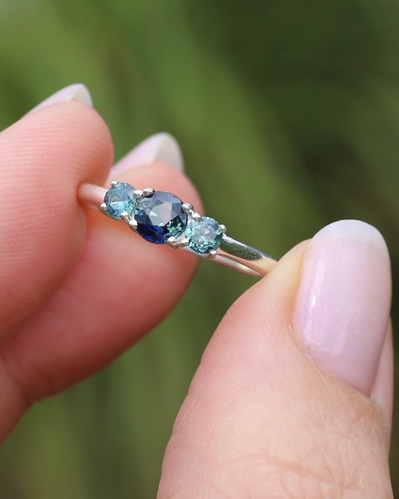 0.85ct Natural Parti Sapphire Trilogy Ring, Sterling Silver, size Q or 8.25, 1.98g