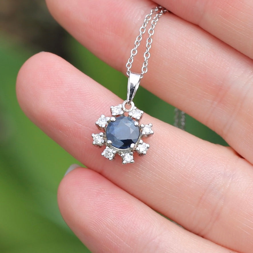 1.15ct Sapphire and Diamond Pendant, 14ct White Gold, with 9ct White Gold Chain