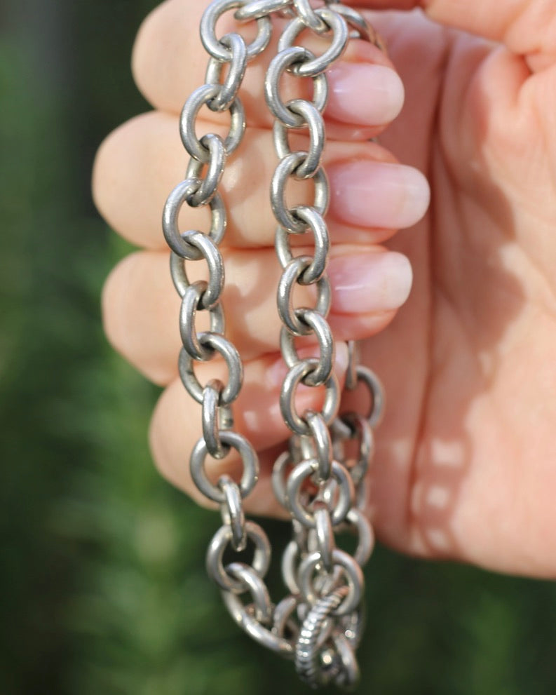 Vintage Chunky Oval Cable Chain with Textured Clasp, Sterling Silver, 42cm or 16.5inches, 50.7g