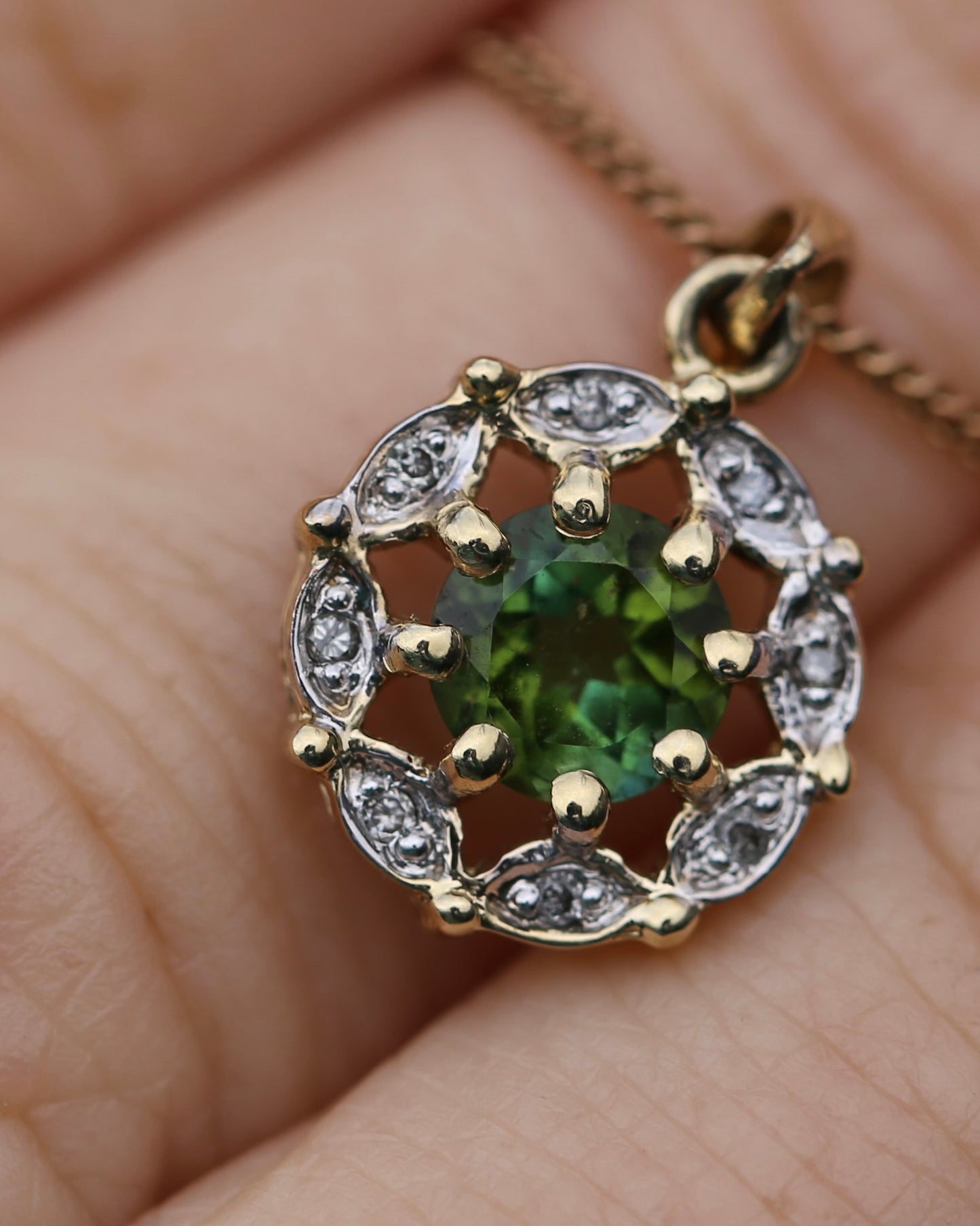 Vintage 0.7ct Green Tourmaline and Diamond Pendant, 9ct Yellow Gold, 1.15g