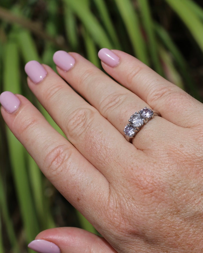 3.7ct Pale Pink Australian Zircon Trilogy Ring, 10ct and 18ct White Gold, size O or just over 7, 3.72g