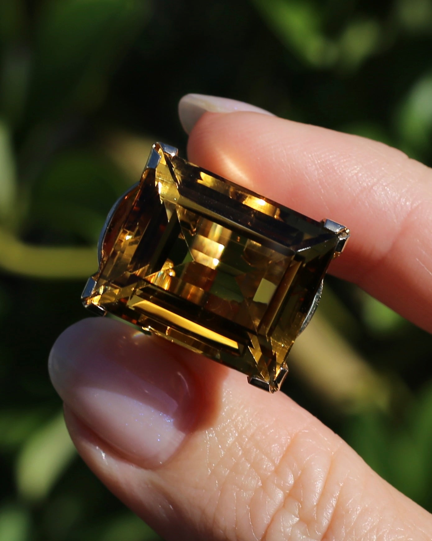 35ct Rectangular Step Cut Vivid Citrine in Chunky Vintage 9ct Yellow Gold Ring, size N1/2 or 7, 15.12g