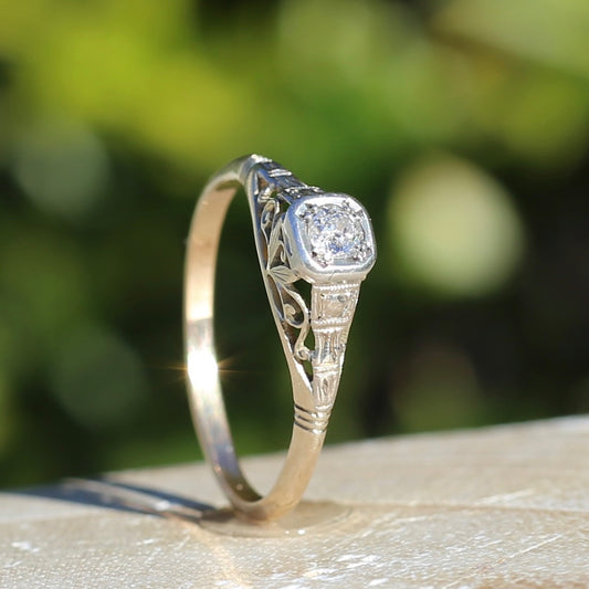 Old Cut Diamond Solitaire In Raised Octagonal and Filigree Setting, 9ct Yellow and White Gold, size T or 9.5